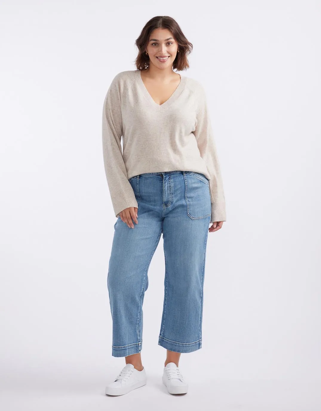The French Quarter Wool Cashmere V Neck Knit Jumper - Oat/White