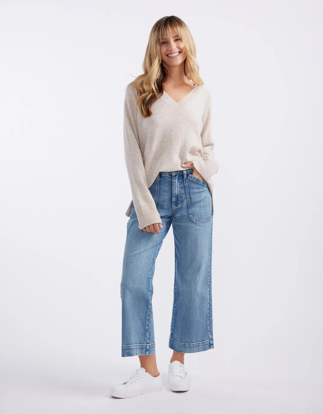 The French Quarter Wool Cashmere V Neck Knit Jumper - Oat/White