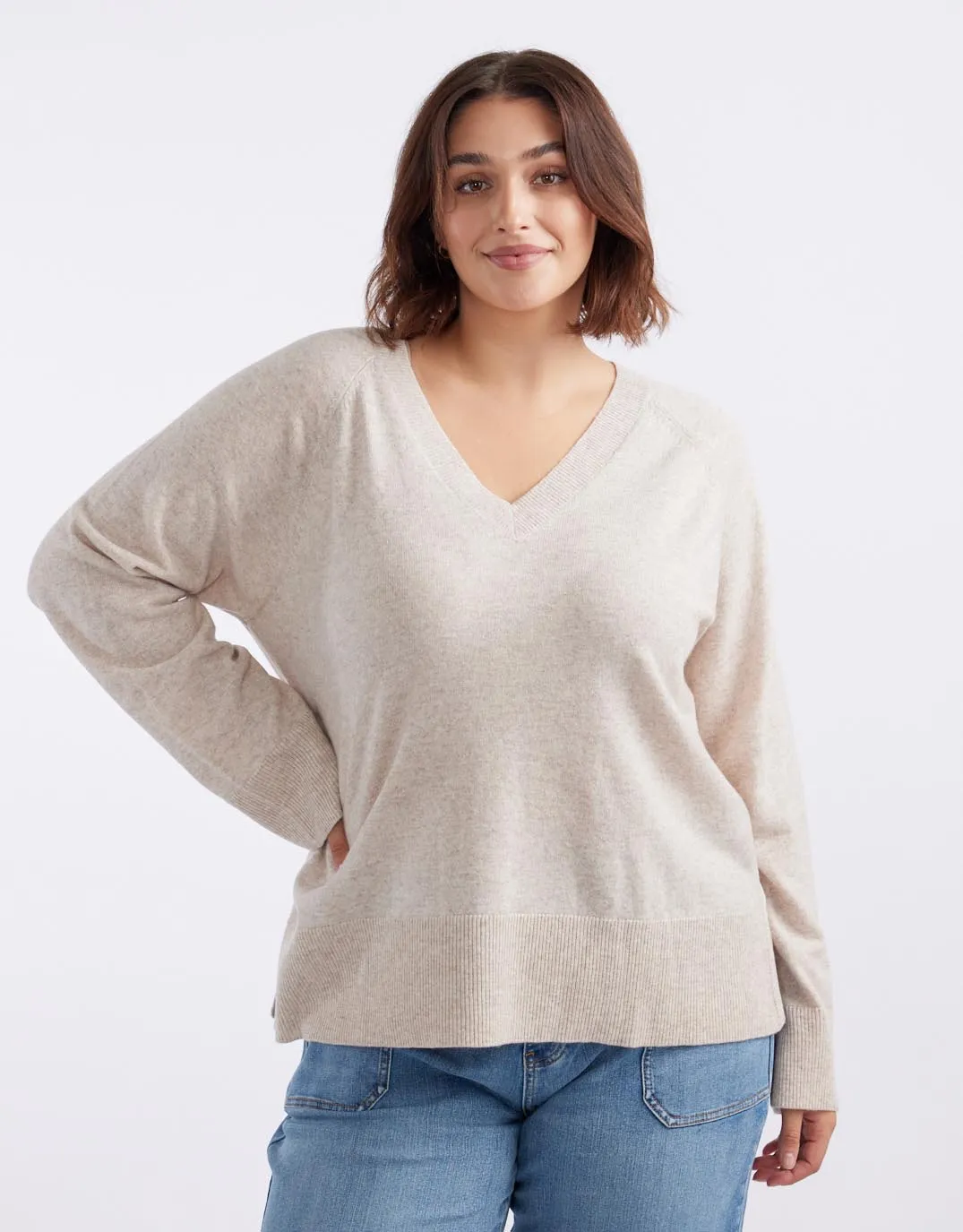 The French Quarter Wool Cashmere V Neck Knit Jumper - Oat/White