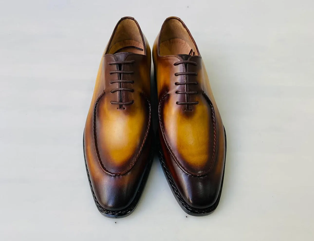 Tucci Di Lusso Mens Burnished Carmel Color Italian Leather Luxury Handmade Oxford lace-up Dress shoes