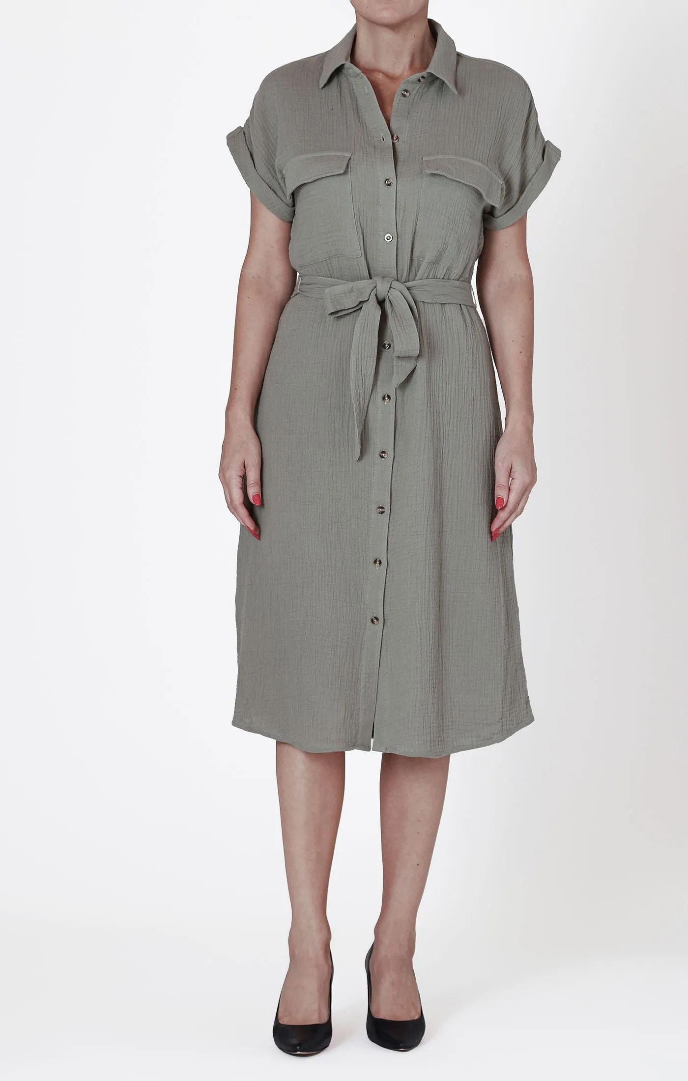 Utility Gauze Shirt Dress - Sage