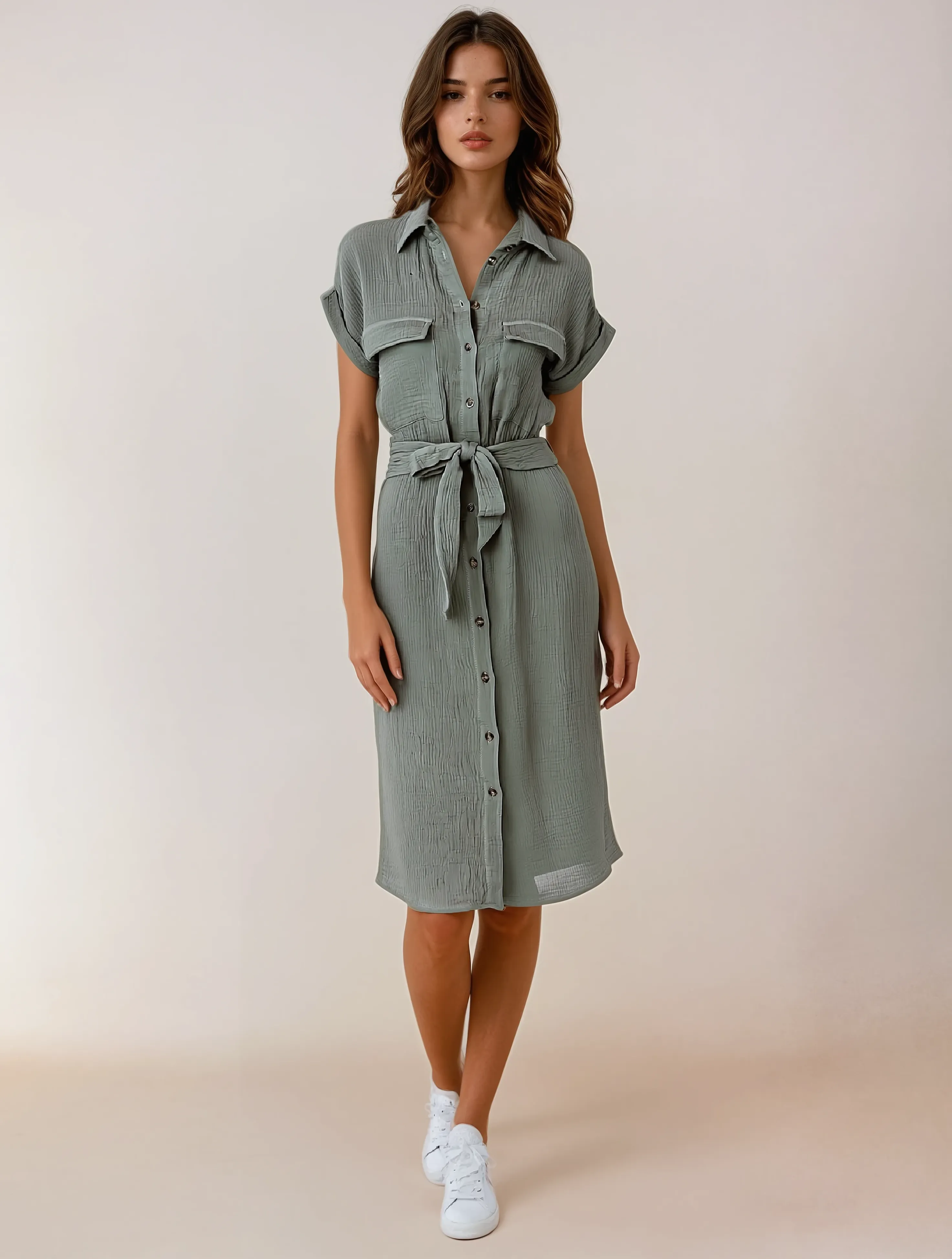 Utility Gauze Shirt Dress - Sage