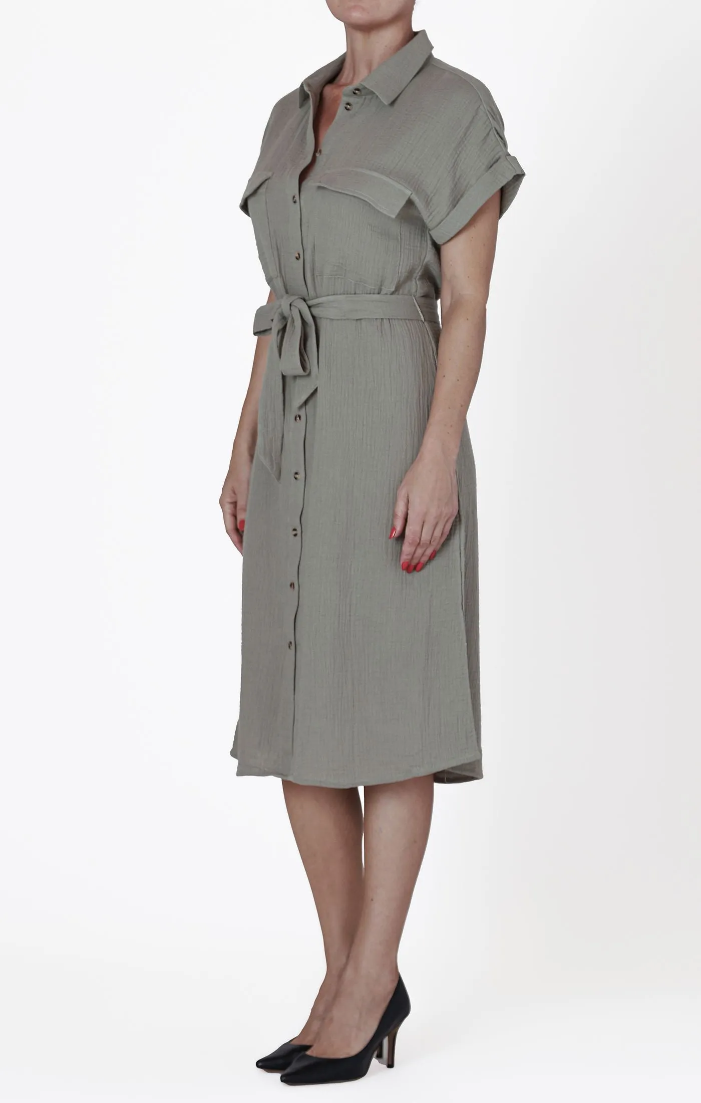 Utility Gauze Shirt Dress - Sage