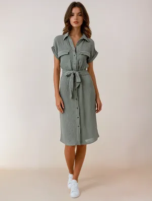 Utility Gauze Shirt Dress - Sage