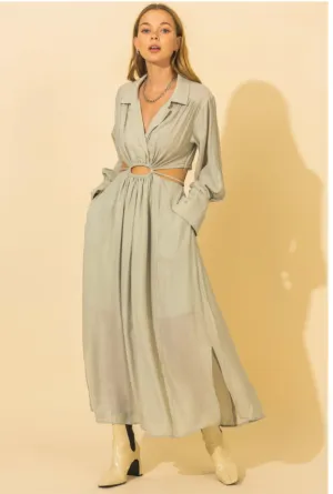 WRAP AROUND WAIST WITH CUTOUT SHIRT MAXI DRESS