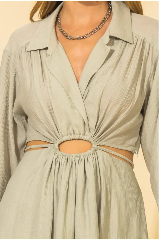 WRAP AROUND WAIST WITH CUTOUT SHIRT MAXI DRESS