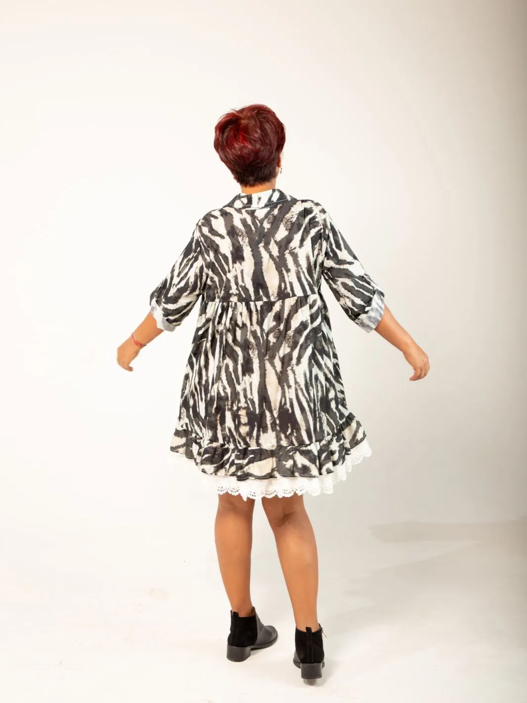 Zebra Print Buttoned Dress - Black