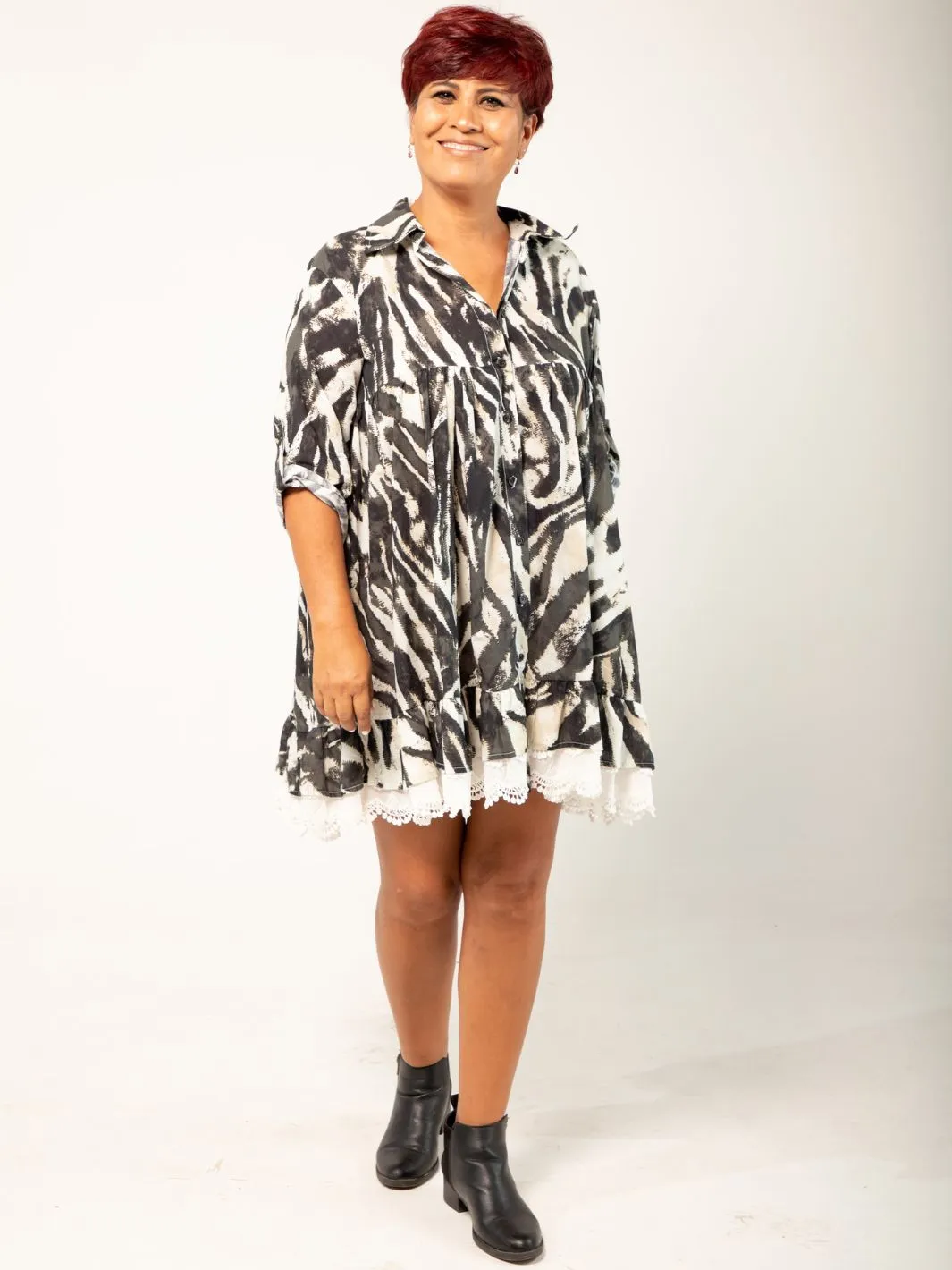 Zebra Print Buttoned Dress - Black