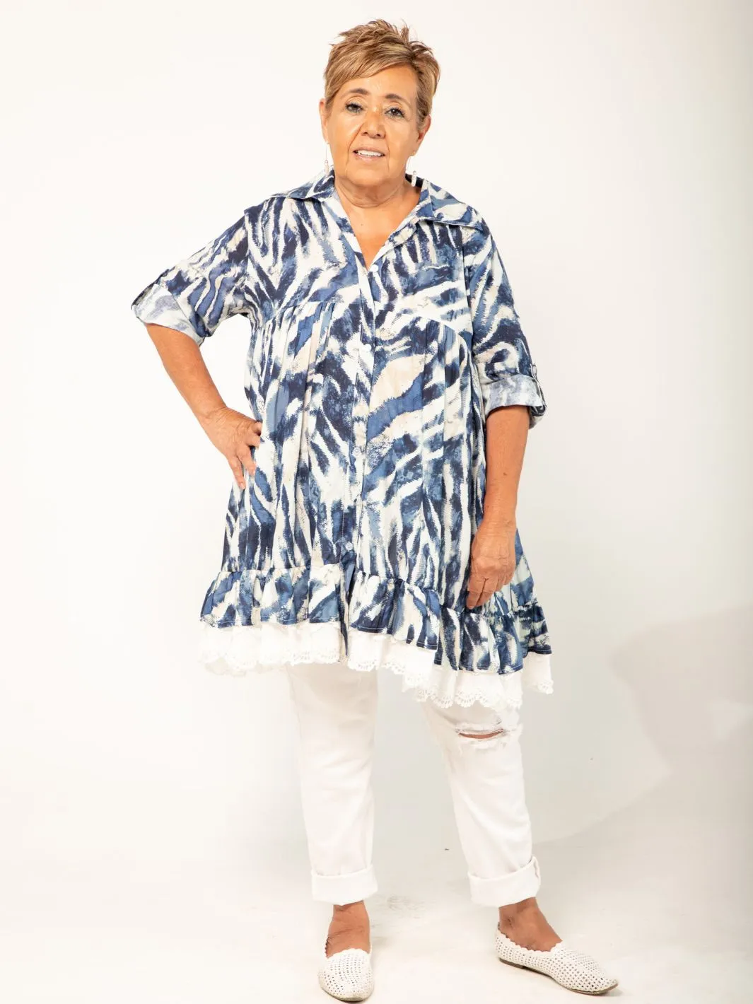 Zebra Print Buttoned Dress - Blue
